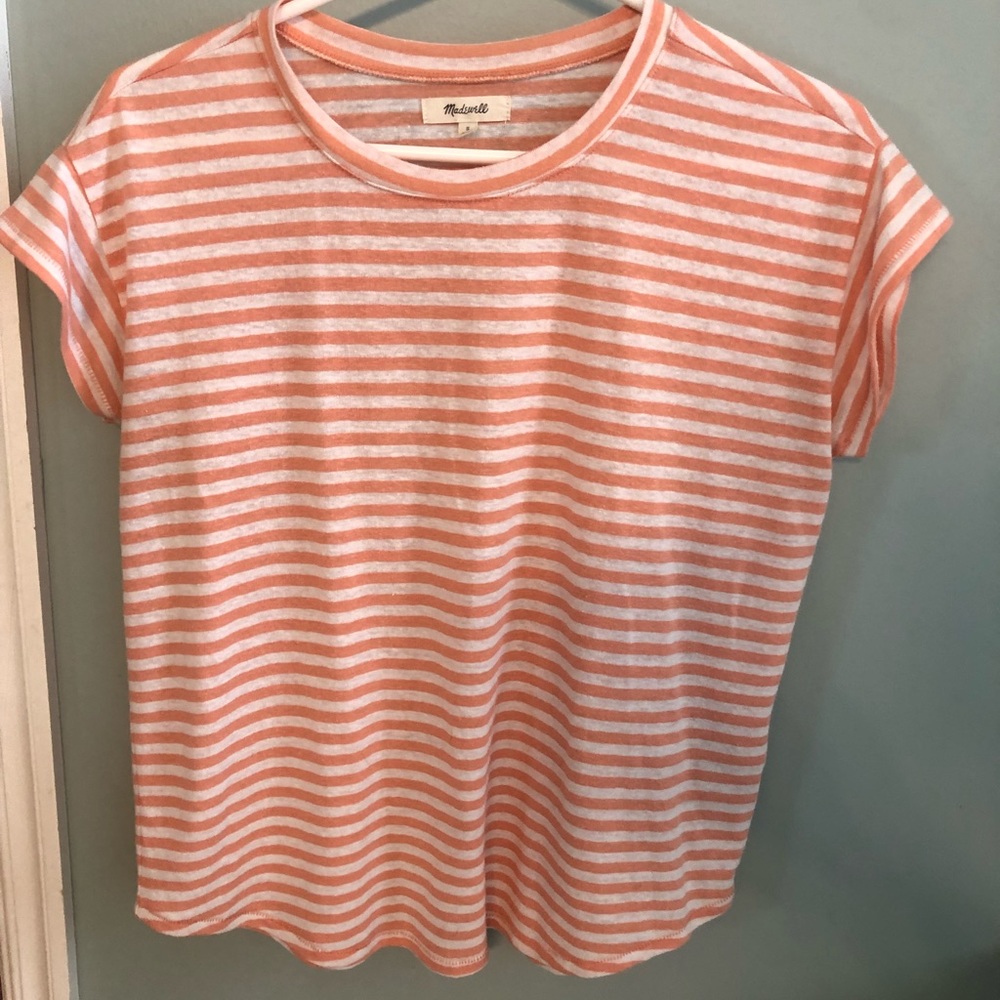 Madewell melon/pink striped short sleeve tee.